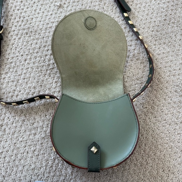 Rebecca Minkoff Mini Skylar Olive Green Gold Studded Cross Body Saddle Bag Purse - Picture 4 of 9